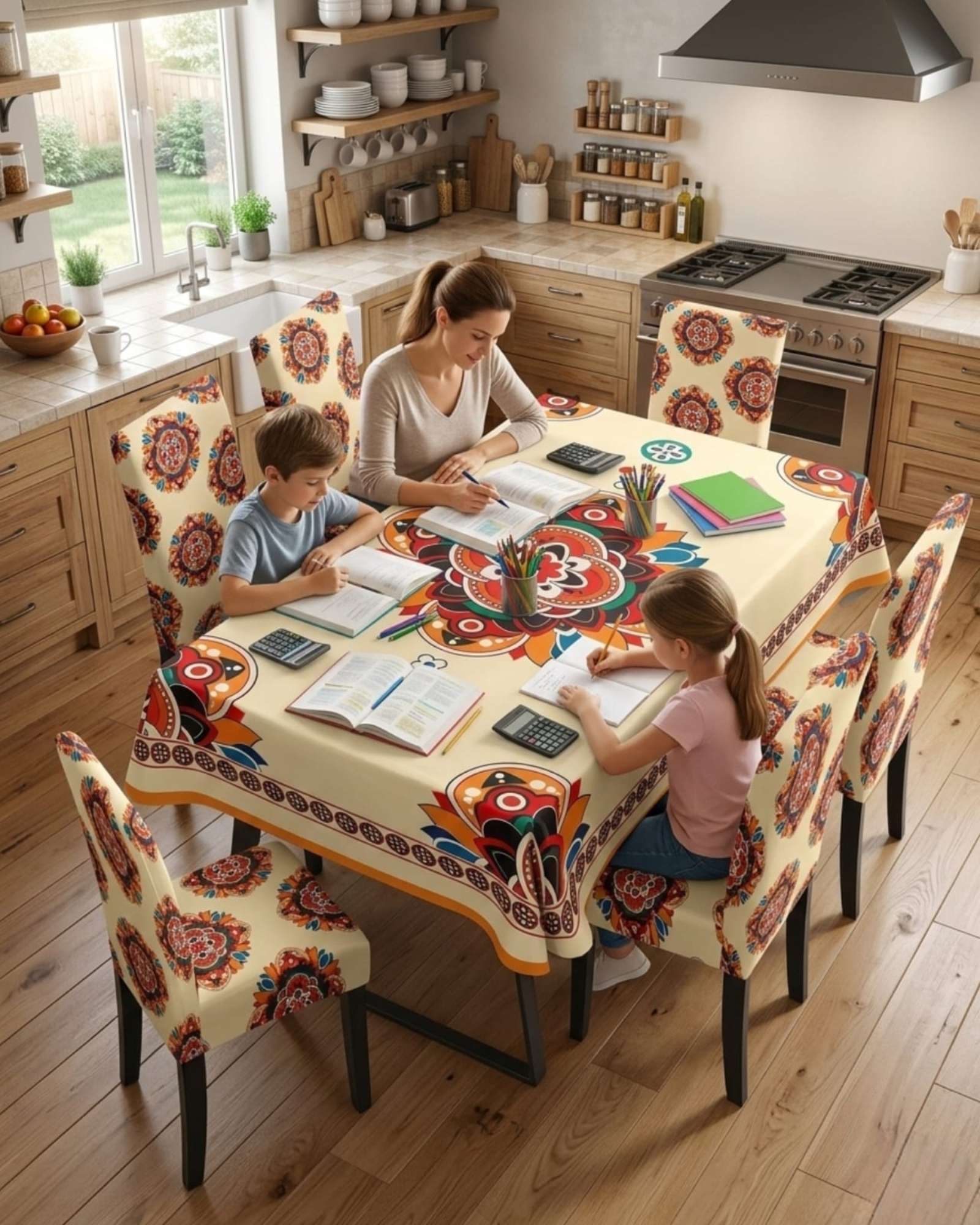 JUEGO DE MANTEL ANTIMANCHAS 140X220 + 6 FUNDAS DE SILLA - 5
