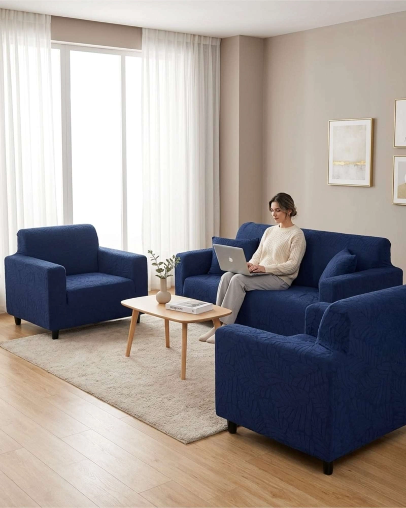 JUEGO DE FUNDAS PARA SILLONES 3+1+1 DISEÑO HOJAS ELASTICAS Y LAVABLES - 1