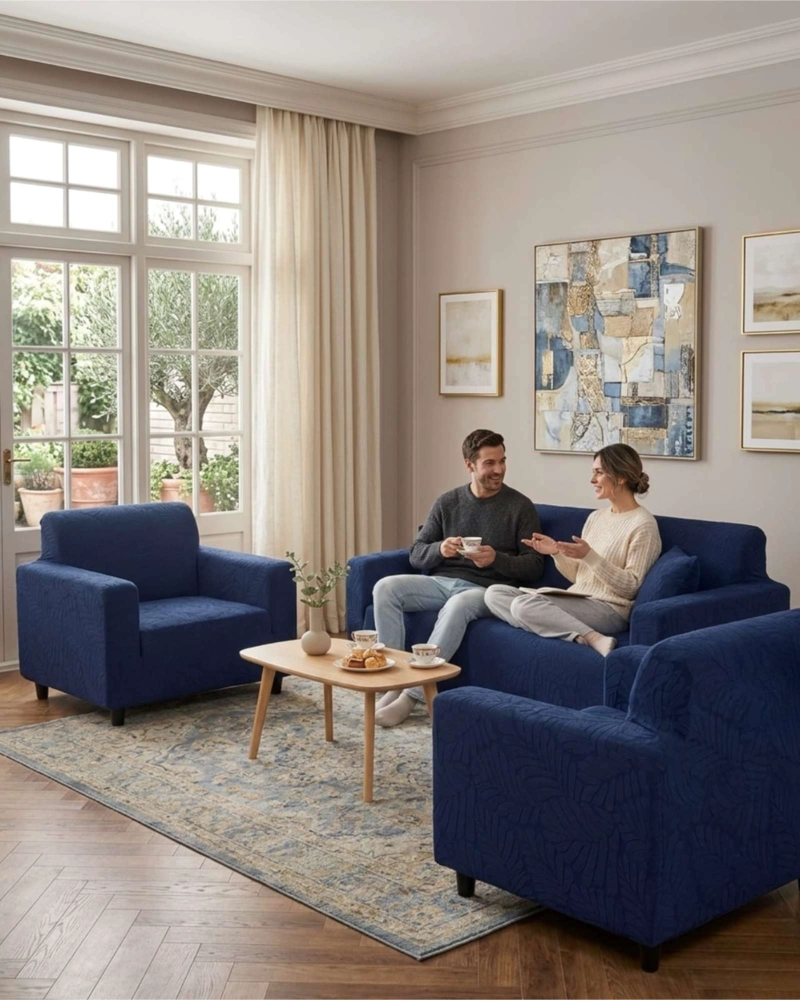 JUEGO DE FUNDAS PARA SILLONES 3+1+1 DISEÑO HOJAS ELASTICAS Y LAVABLES - 2