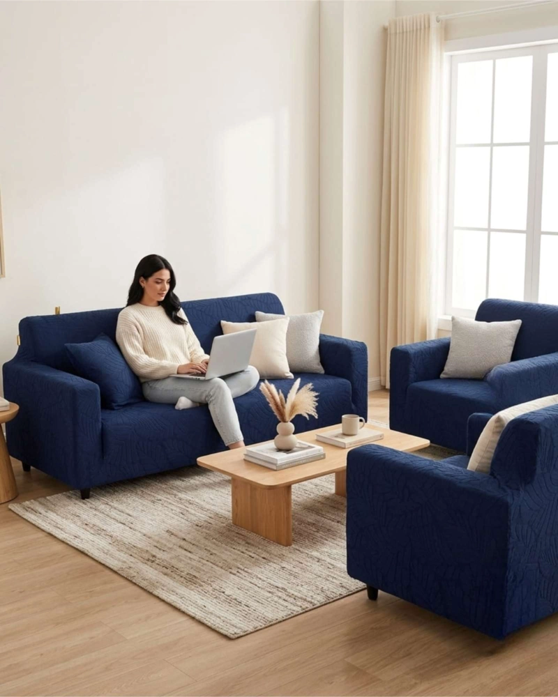 JUEGO DE FUNDAS PARA SILLONES 3+1+1 DISEÑO HOJAS ELASTICAS Y LAVABLES - 3