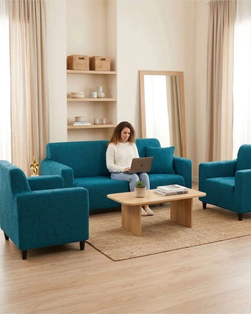 JUEGO DE FUNDAS PARA SILLONES 3+1+1 DISEÑO HOJAS ELASTICAS Y LAVABLES - 1