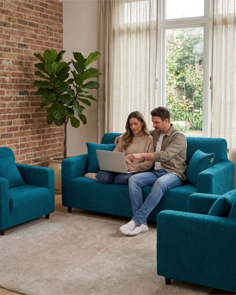 JUEGO DE FUNDAS PARA SILLONES 3+1+1 DISEÑO HOJAS ELASTICAS Y LAVABLES - 2