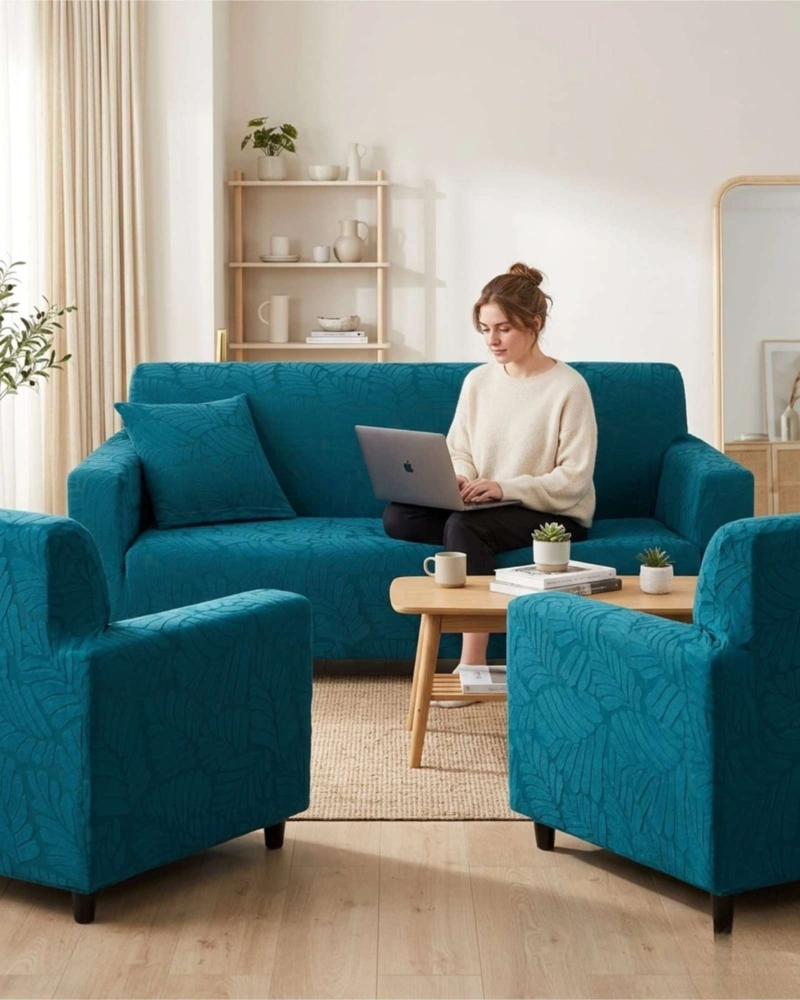 JUEGO DE FUNDAS PARA SILLONES 3+1+1 DISEÑO HOJAS ELASTICAS Y LAVABLES - 4