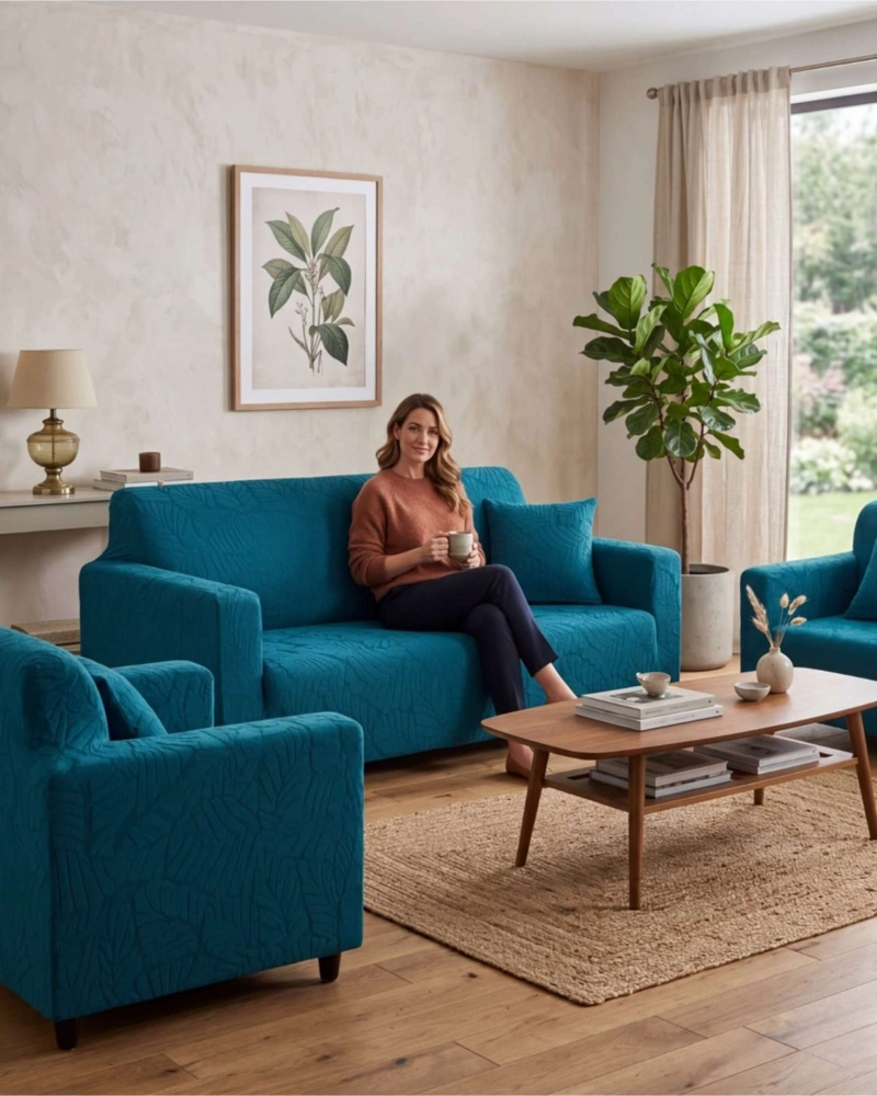 JUEGO DE FUNDAS PARA SILLONES 3+1+1 DISEÑO HOJAS ELASTICAS Y LAVABLES - 5