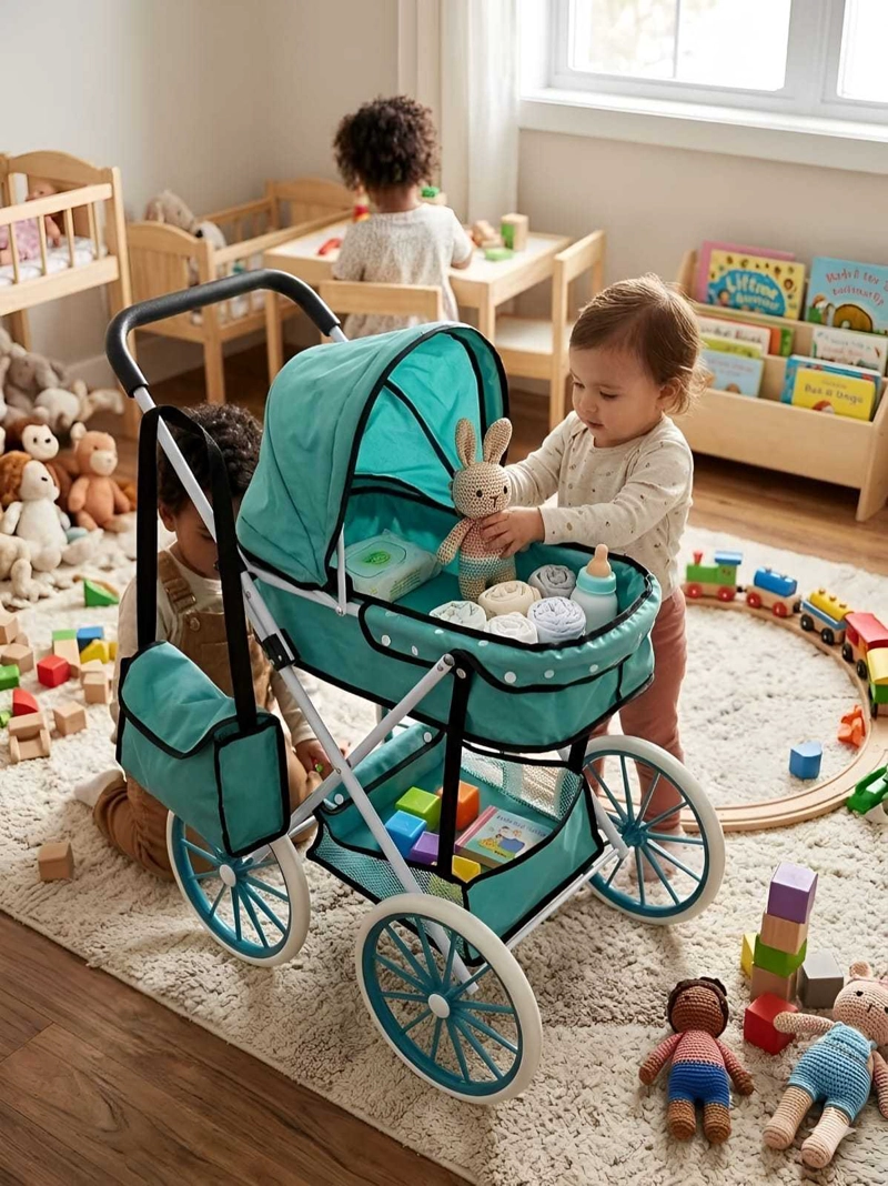 COCHE DE MUÑECAS ESTILO CLASICO INCLUYE BOLSO Y CANASTO ACCESORIOS - 4