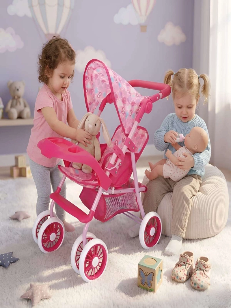 COCHE DE JUGUETE PARA MUÑECAS CON TOLDO Y BANDEJA FRONTAL - ROSADO CORAZONES - 1