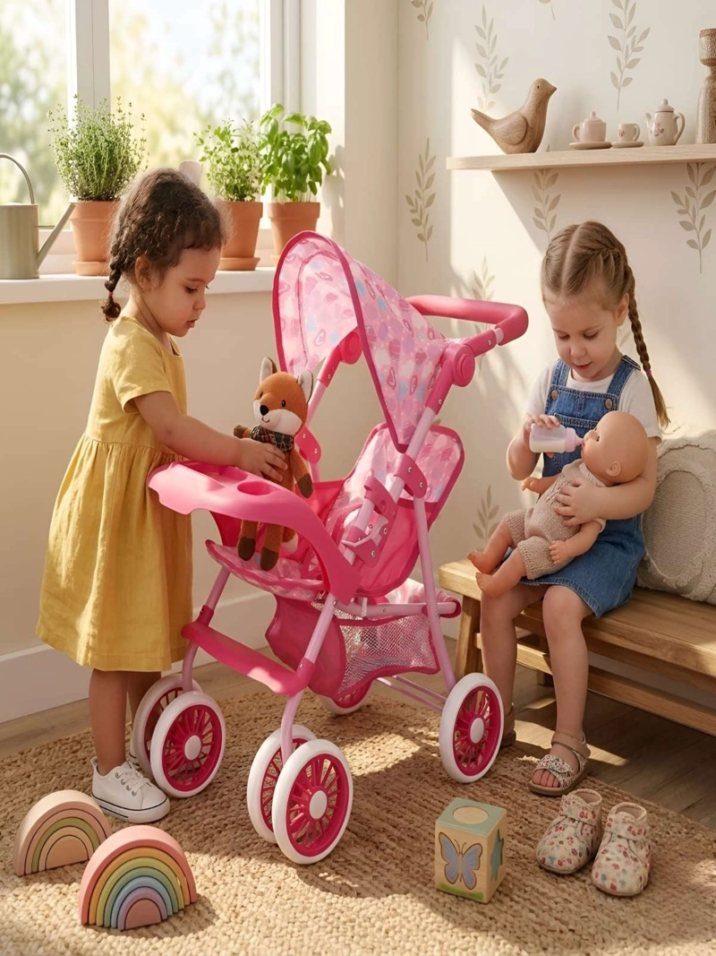 COCHE DE JUGUETE PARA MUÑECAS CON TOLDO Y BANDEJA FRONTAL - ROSADO CORAZONES - 2
