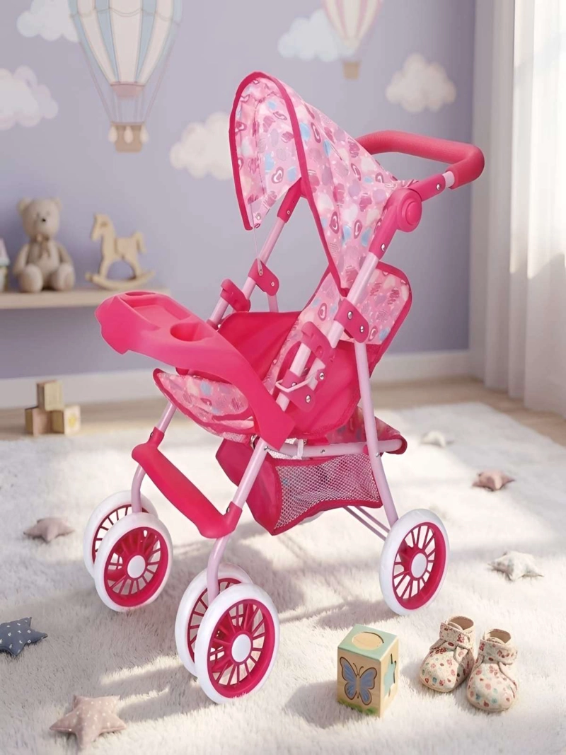 COCHE DE JUGUETE PARA MUÑECAS CON TOLDO Y BANDEJA FRONTAL - ROSADO CORAZONES - 4