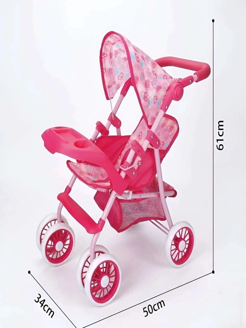 COCHE DE JUGUETE PARA MUÑECAS CON TOLDO Y BANDEJA FRONTAL - ROSADO CORAZONES - 6