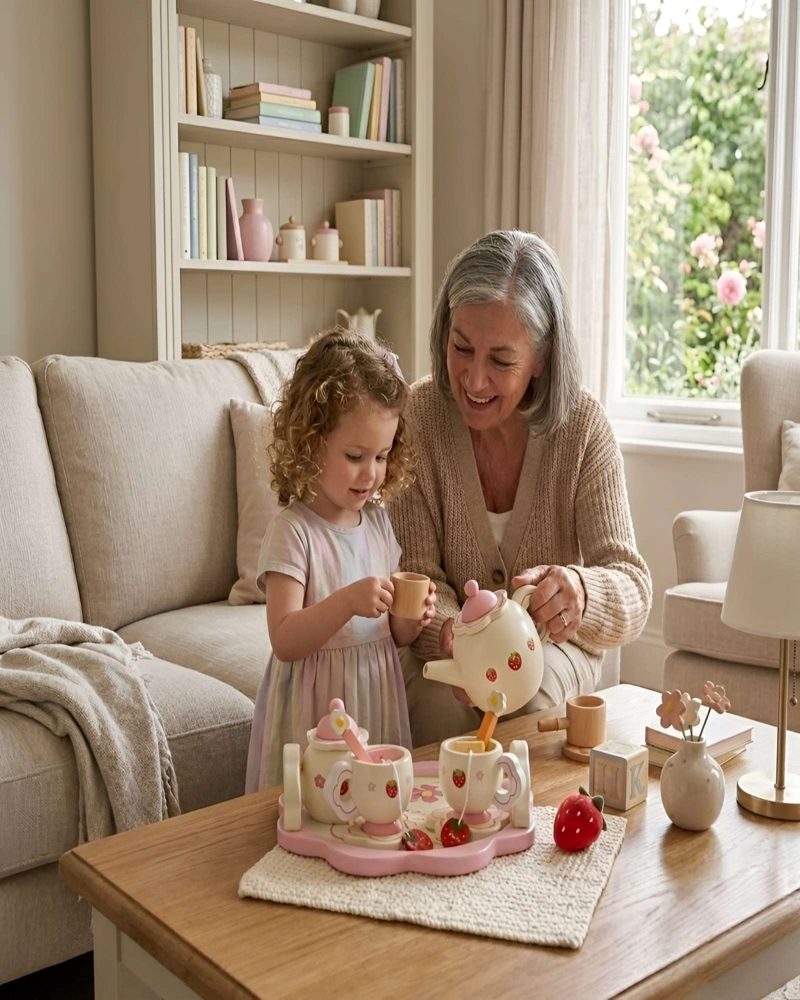 SET DE TE  DE MADERA INFANTIL CON DISEÑO DE FRESAS - 1