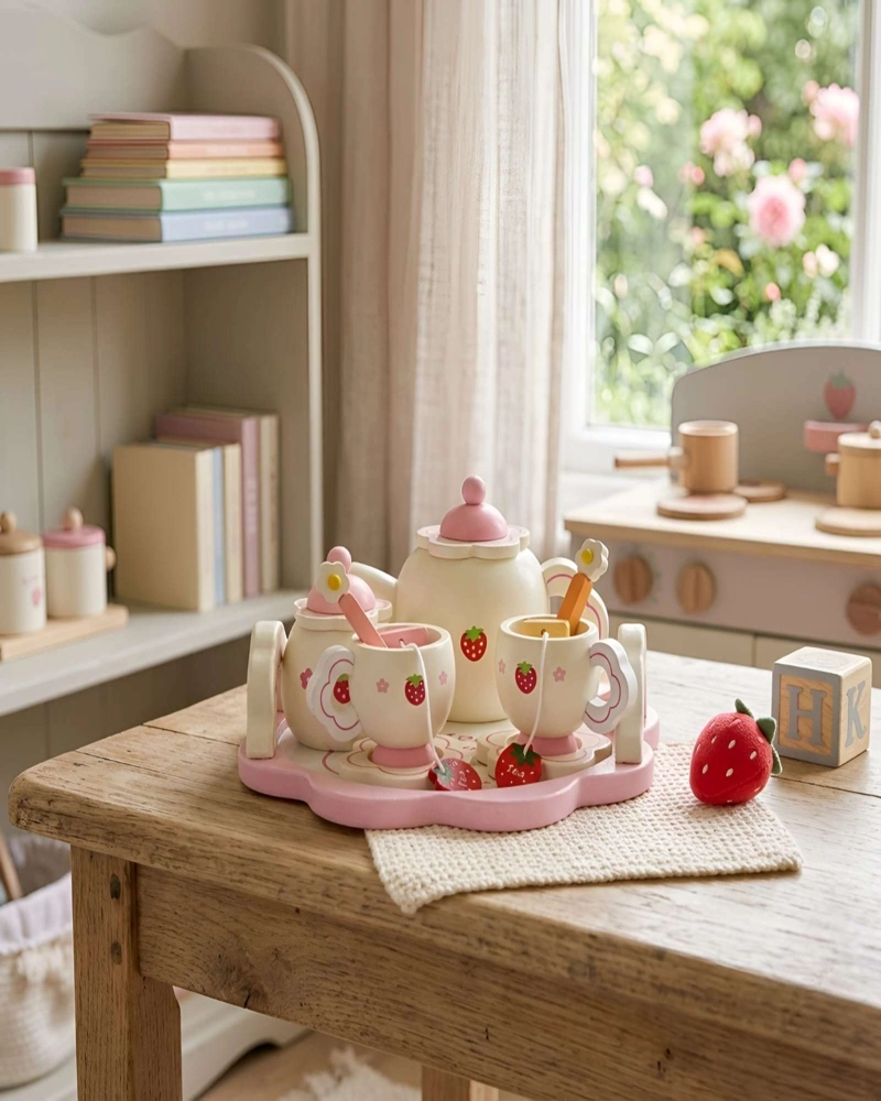 SET DE TE  DE MADERA INFANTIL CON DISEÑO DE FRESAS - 2