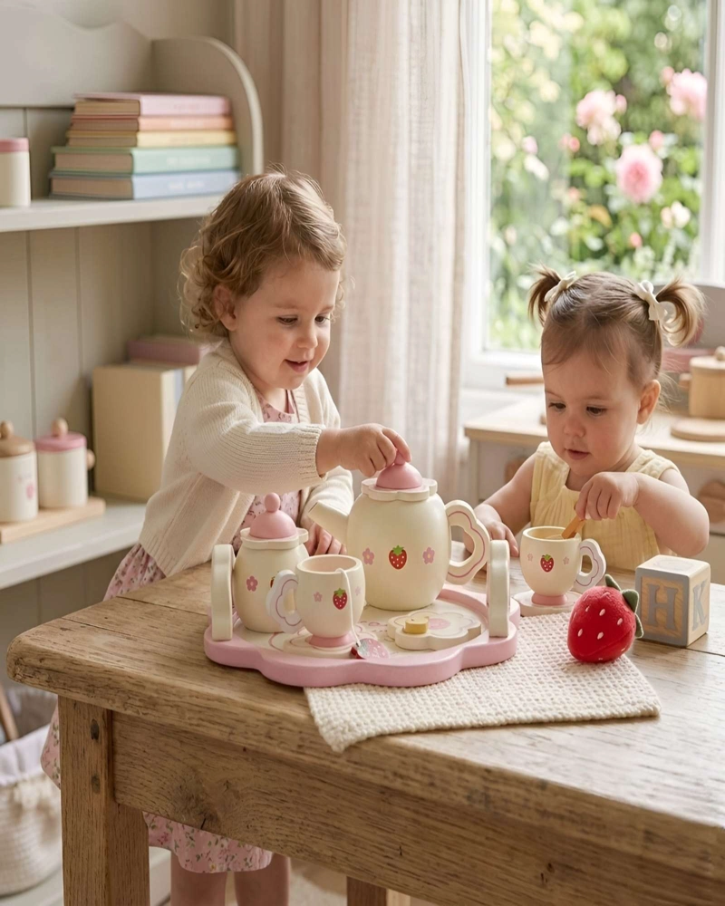 SET DE TE  DE MADERA INFANTIL CON DISEÑO DE FRESAS - 4