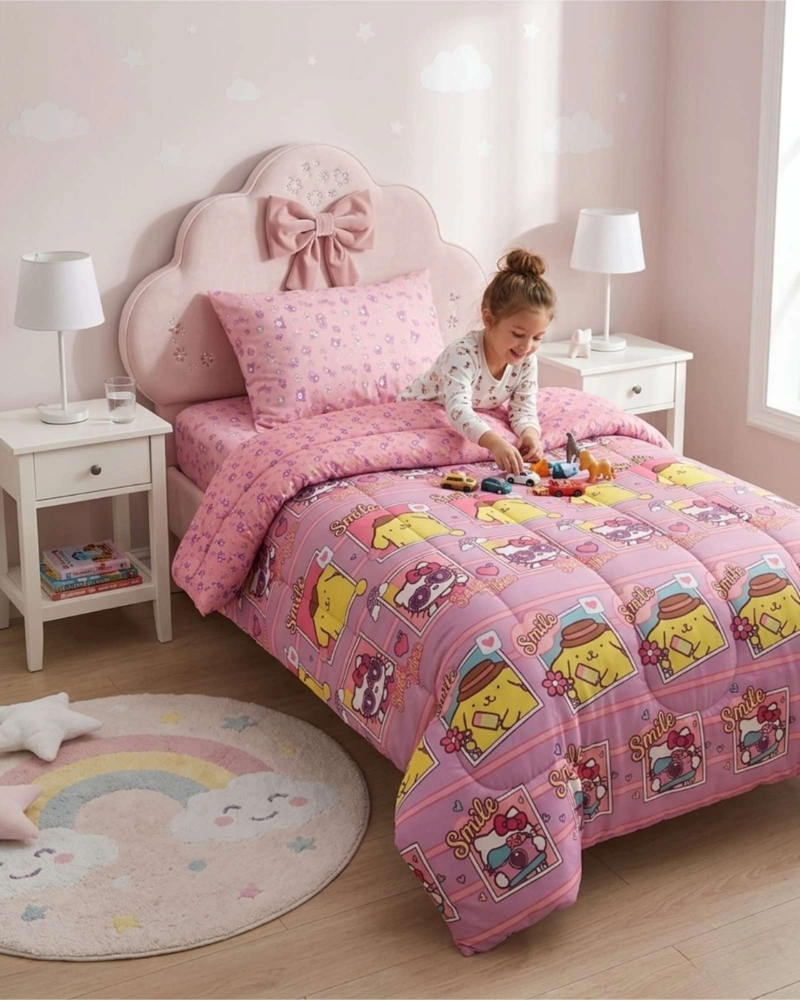 CUBRECAMA INFANTIL ROSADO CON FUNDA DISEÑO FLORES Y GRAFICOS - 2