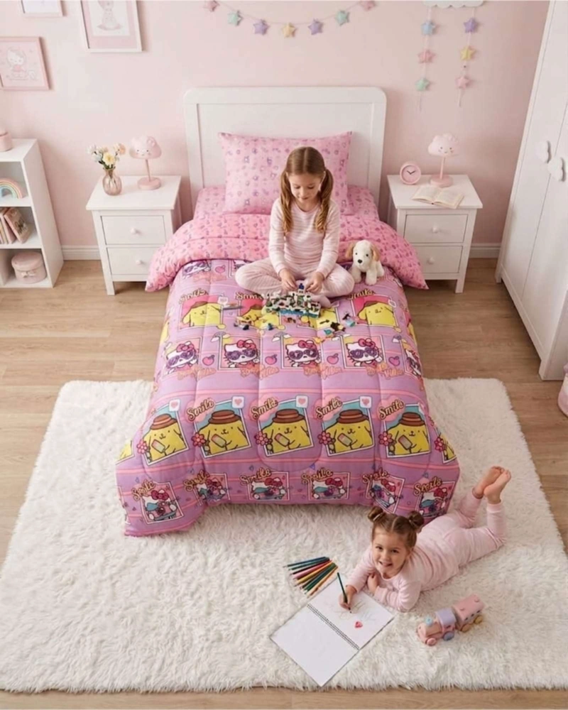 CUBRECAMA INFANTIL ROSADO CON FUNDA DISEÑO FLORES Y GRAFICOS - 5