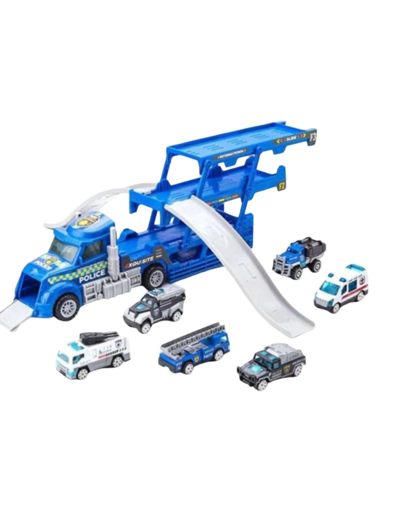 CAMION TRANSPORTADOR DE AUTOS DE JUGUETE CON VEHICULOS DE EMERGENCIA - 6