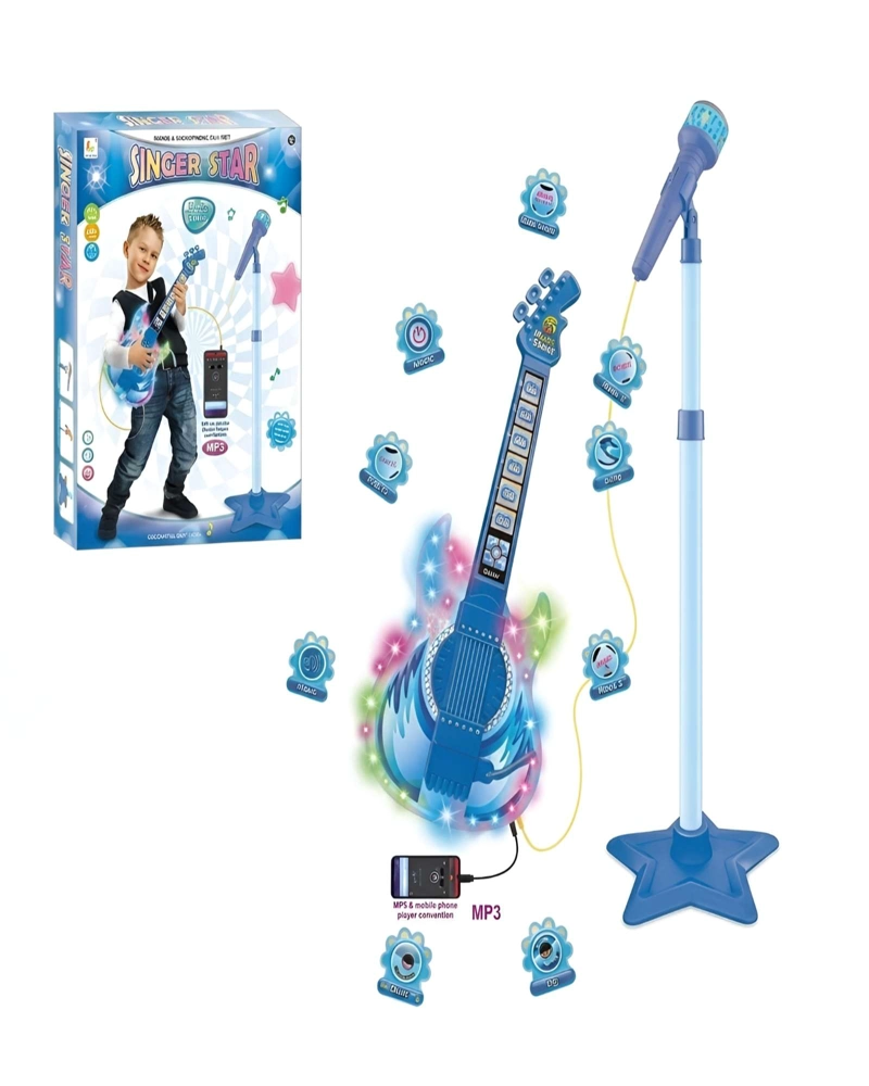GUITARRA DE JUGUETE CON MICROFONO DE PEDESTAL, LUCES Y SONIDOS - 3
