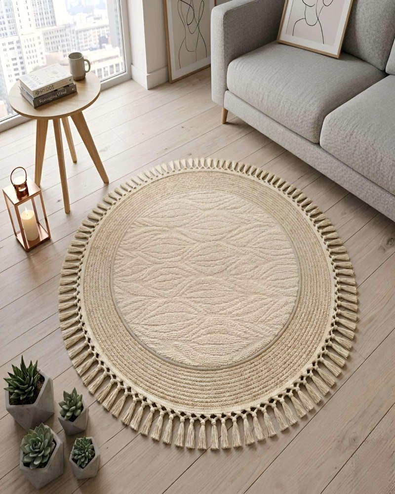 ALFOMBRA REDONDA CON FLECOS 80CM DIAMETRO DISEÑO BOHO - 1
