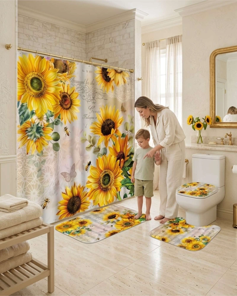 SET DE BAÑO 4 PIEZAS CORTINA IMPERMEABLE, ALFOMBRAS Y FUNDA DE INODORO - 1