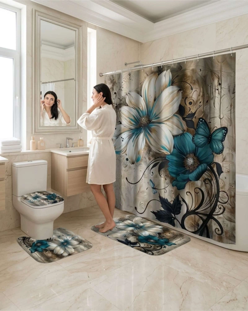 SET DE BAÑO 4 PIEZAS CORTINA IMPERMEABLE, ALFOMBRAS Y FUNDA DE INODORO - 2