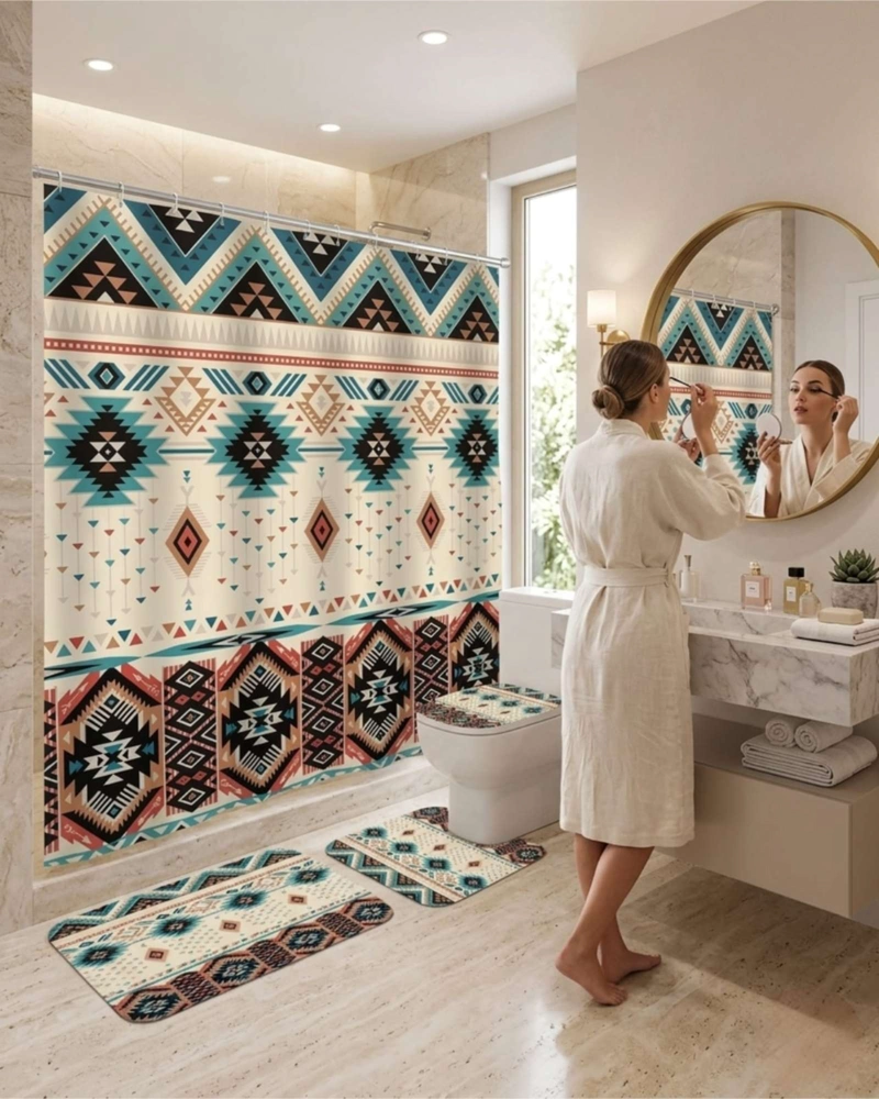 SET DE BAÑO 4 PIEZAS CORTINA IMPERMEABLE, ALFOMBRAS Y FUNDA DE INODORO - 1