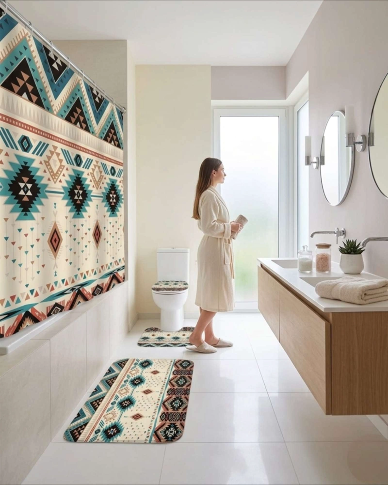 SET DE BAÑO 4 PIEZAS CORTINA IMPERMEABLE, ALFOMBRAS Y FUNDA DE INODORO - 2