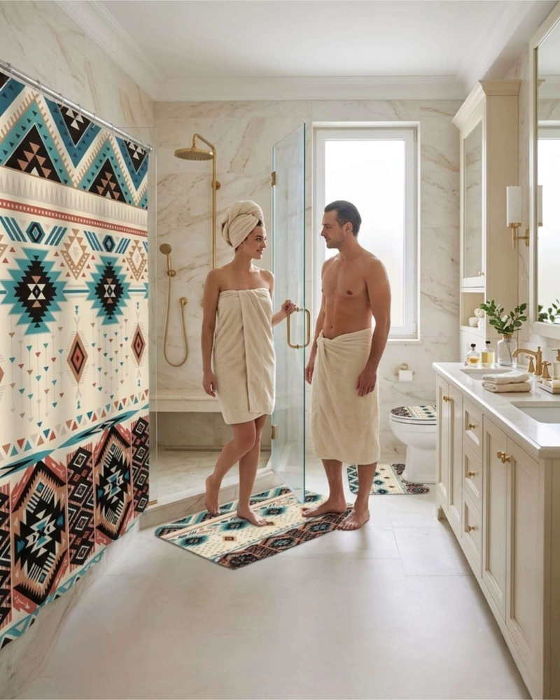 SET DE BAÑO 4 PIEZAS CORTINA IMPERMEABLE, ALFOMBRAS Y FUNDA DE INODORO - 3