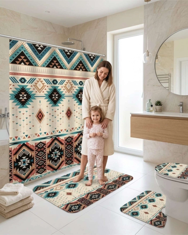 SET DE BAÑO 4 PIEZAS CORTINA IMPERMEABLE, ALFOMBRAS Y FUNDA DE INODORO - 5
