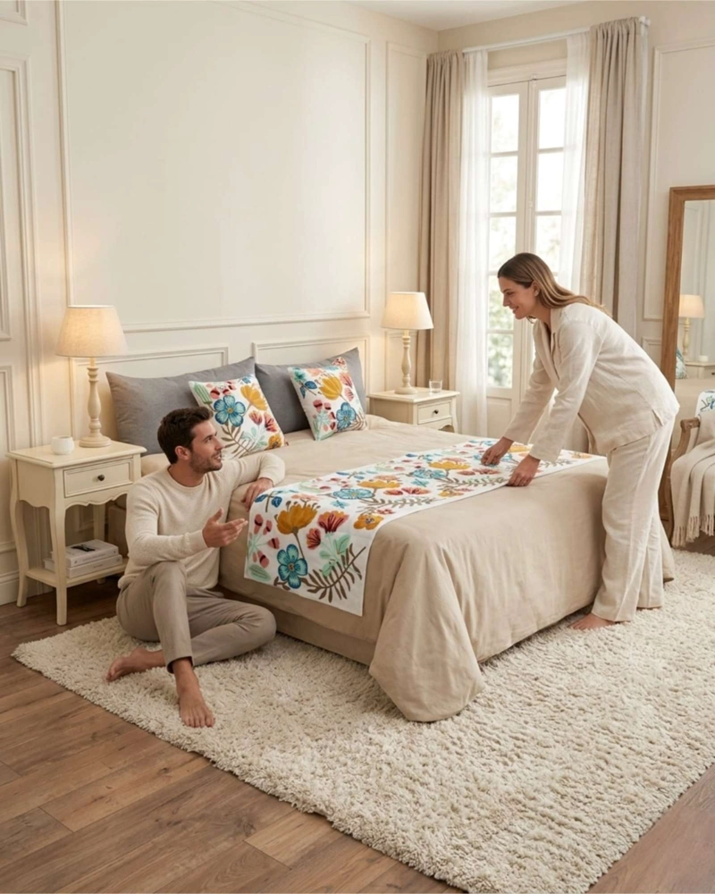 PIECERA DE CAMA TEXTURIZADA CON BORDADO BOTANICO - 4