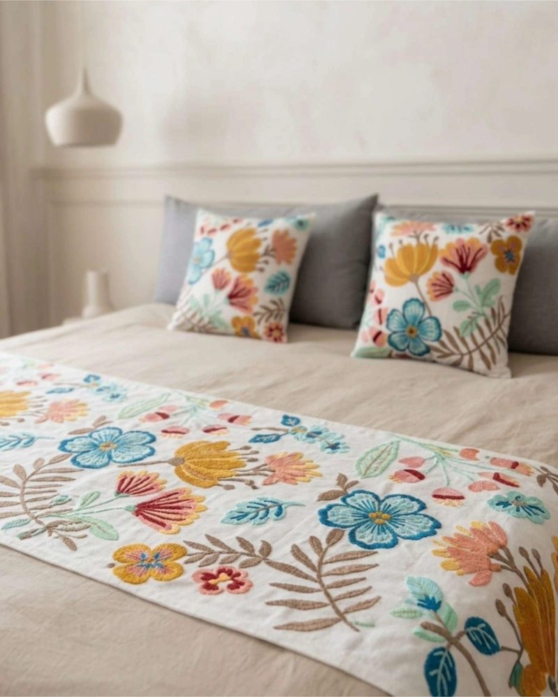 PIECERA DE CAMA TEXTURIZADA CON BORDADO BOTANICO - 5