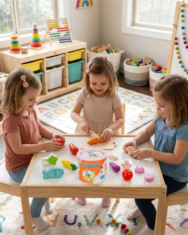 JUEGO DE APRENDIZAJE, FRUTAS Y VERDURAS DE MADERA PARA CORTAR - 1