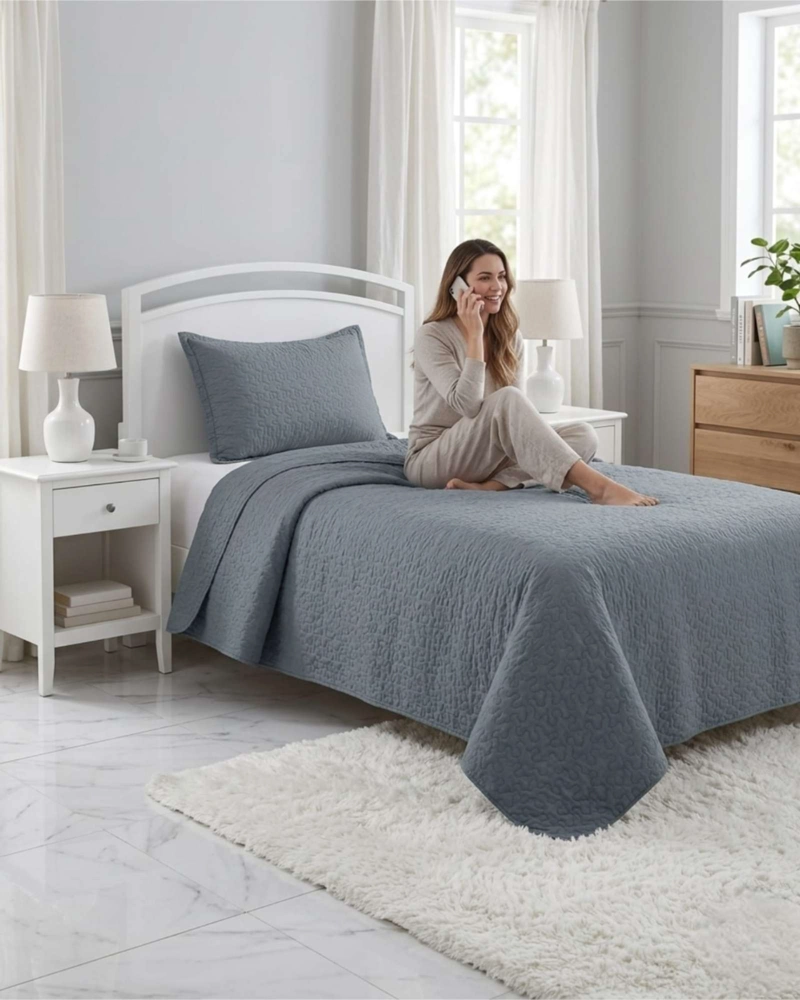 CUBRECAMA QUILT VERANO PLAZA Y MEDIA DELGADO TEXTURIZADO SET CON FUNDAS - 1
