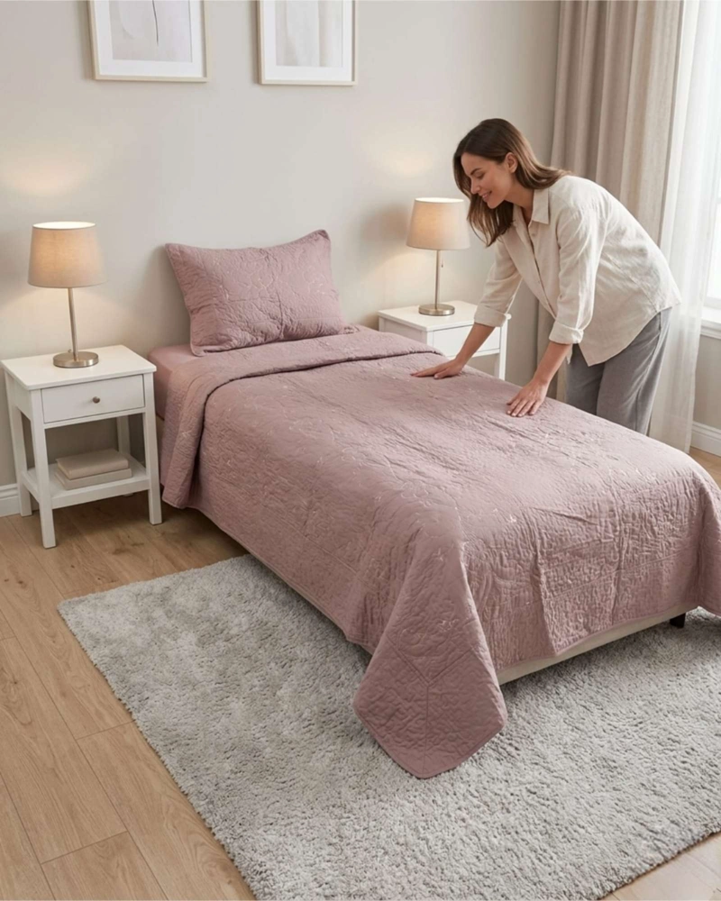 CUBRECAMA QUILT VERANO PLAZA Y MEDIA BORDADO FLORAL SET COLCHA DELGADO - 1
