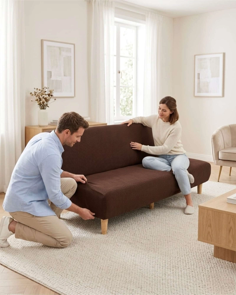 FUNDA DE FUTON AJUSTABLE DISEÑO CUADRILLE  TELA ELASTICA - 3