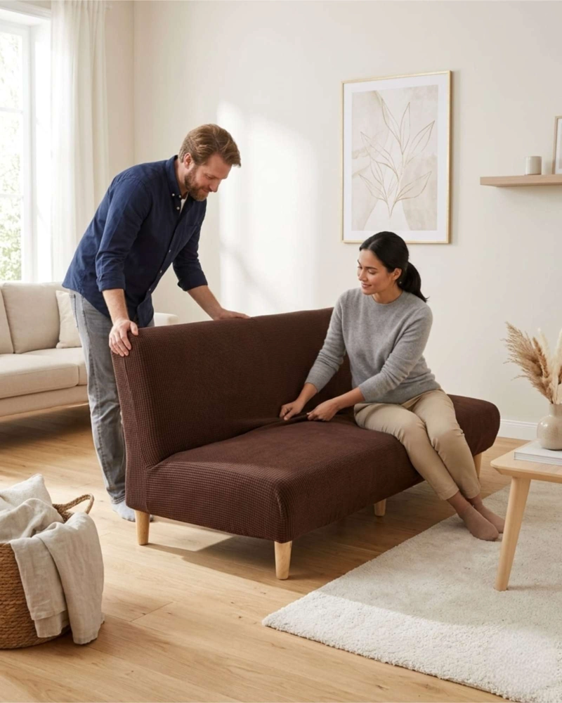 FUNDA DE FUTON AJUSTABLE DISEÑO CUADRILLE  TELA ELASTICA - 5