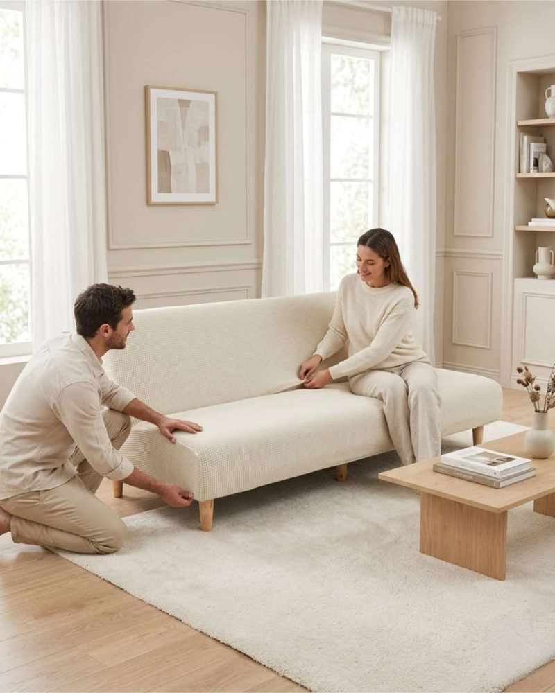 FUNDA DE FUTON AJUSTABLE DISEÑO CUADRILLE  TELA ELASTICA - 5