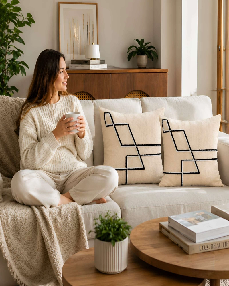 PACK X4 FUNDAS DE COJIN CON RELLENO CHENILLE GEOME TRICO DISEÑO MODERNO - 1