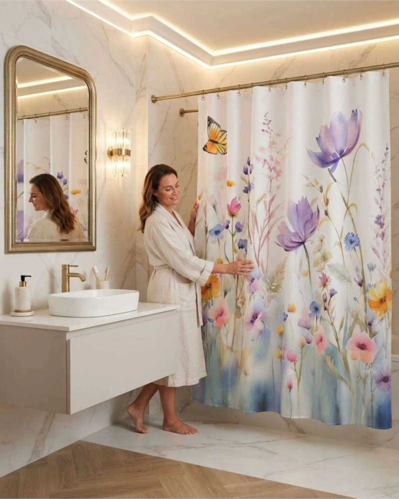 SET CORTINA DE BANO DISENOS MODERNOS 180X180 MAS FORRO PROTECTOR - 1
