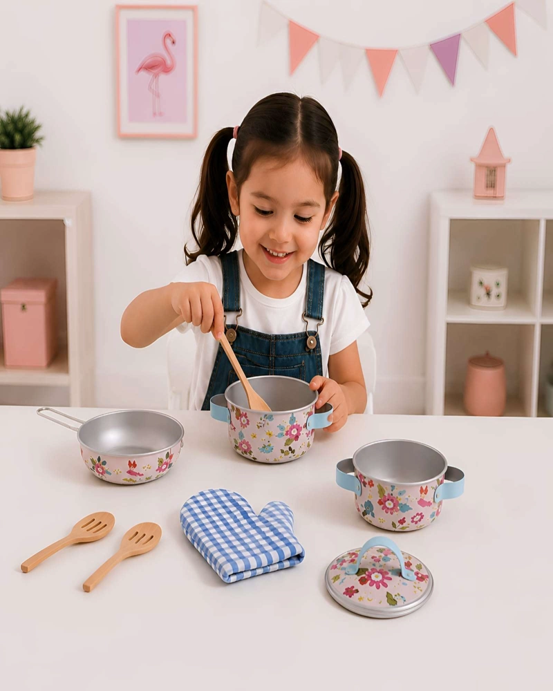 SET DE COCINA INFANTIL DE ALEACION DE ALUMINIO - DISEÑO FLORAL ROSADO - 2