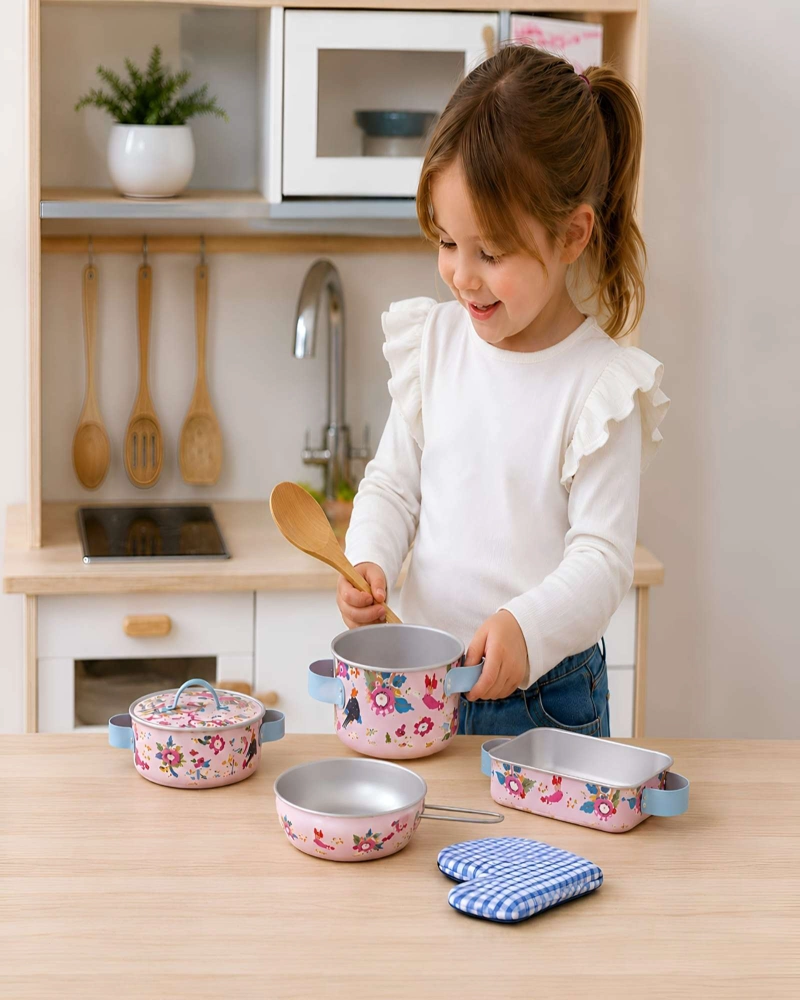 SET DE COCINA INFANTIL DE ALEACION DE ALUMINIO - DISEÑO FLORAL ROSADO - 3