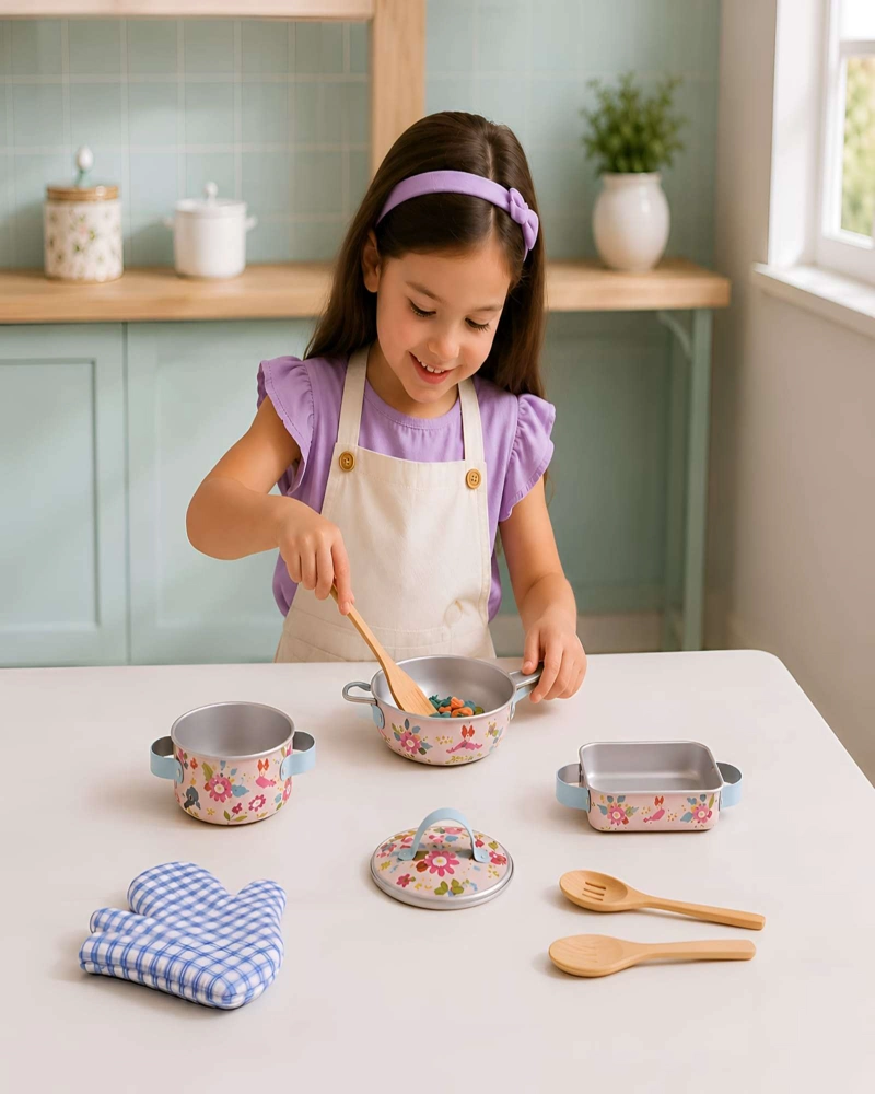 SET DE COCINA INFANTIL DE ALEACION DE ALUMINIO - DISEÑO FLORAL ROSADO - 5