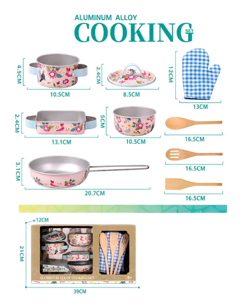 SET DE COCINA INFANTIL DE ALEACION DE ALUMINIO - DISEÑO FLORAL ROSADO - 6
