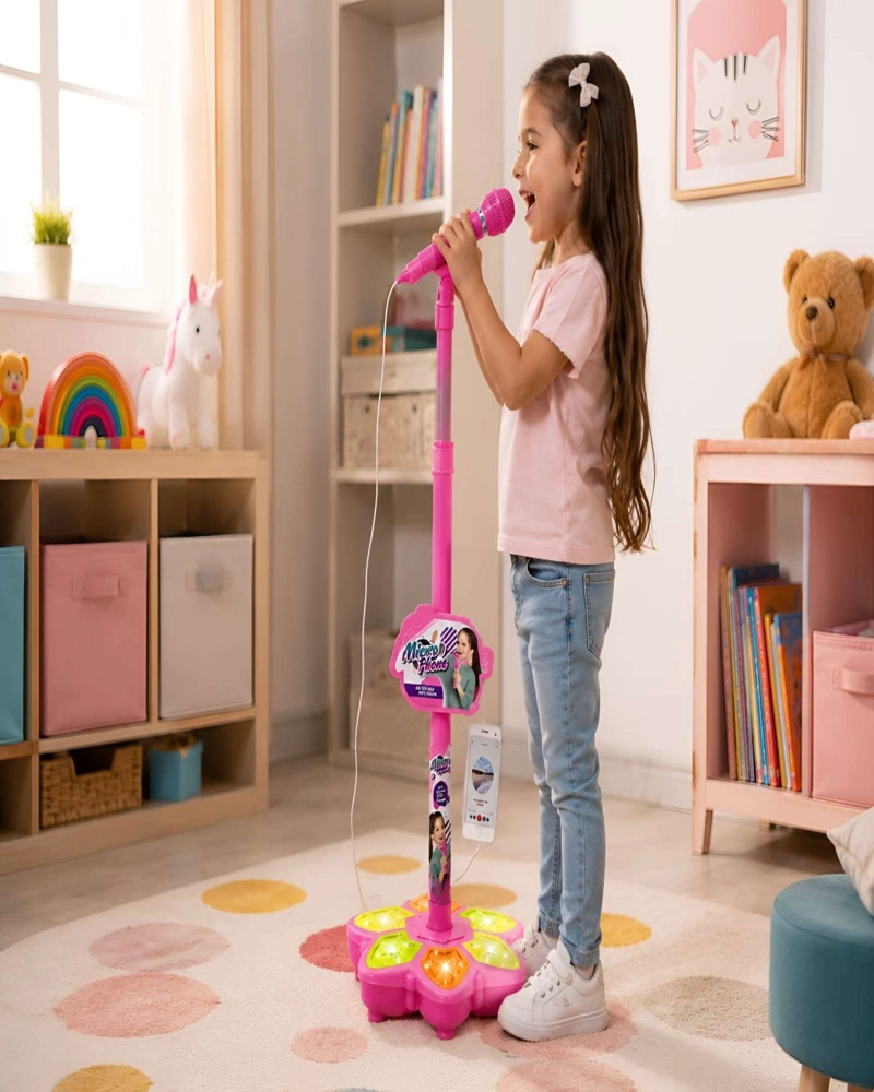 MICROFONO INFANTIL CON PEDESTAL AJUSTABLE LUCES Y CONEXION MP3 - 5