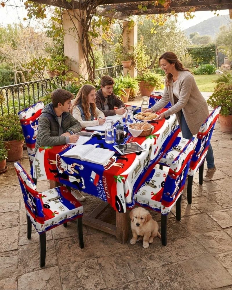 SET FIESTAS PATRIAS: MANTEL DIECIOCHERO + 6 FUNDAS DE SILLAS - 1