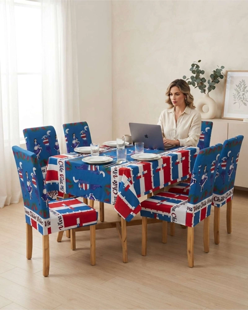 SET MANTEL Y 6 FUNDAS DE SILLA FIESTAS PATRIAS DISEÑO DIECIOCHERO - 1