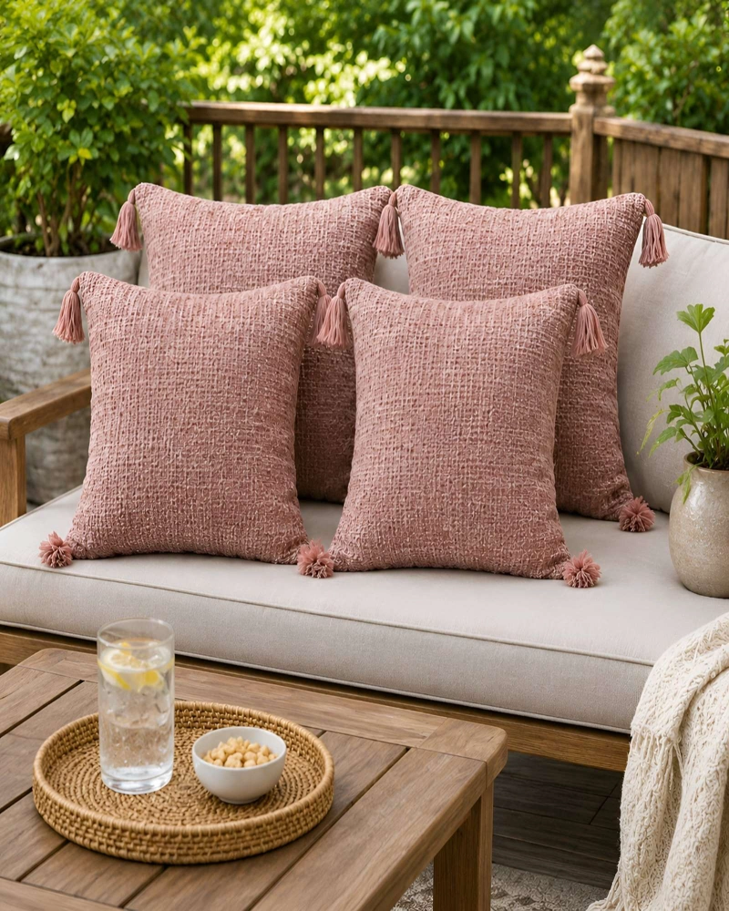 SET 2 FUNDAS DE COJIN CHENILLE SUAVE CON POMPONES 45X45 CM - 4