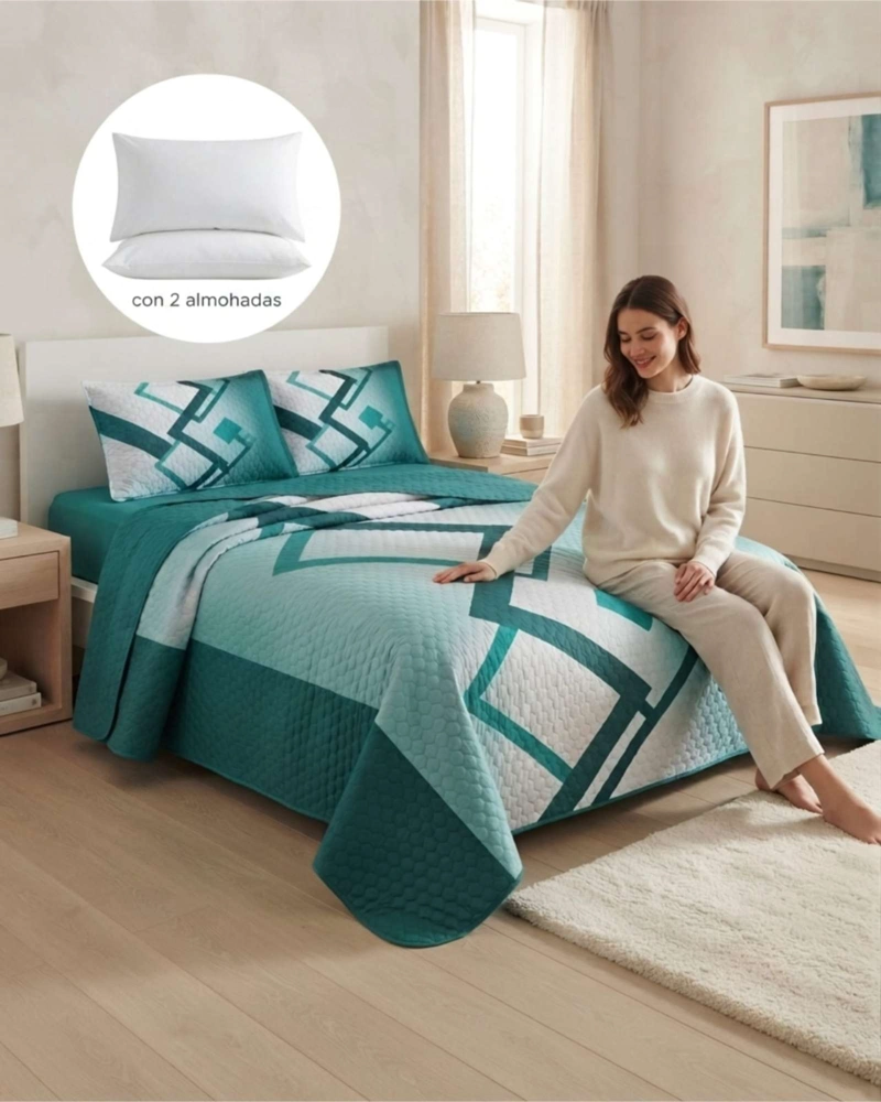 CUBRECAMA QUILT DE VERANO 2 PLAZAS DELGADO + 2 ALMOHADAS - 3