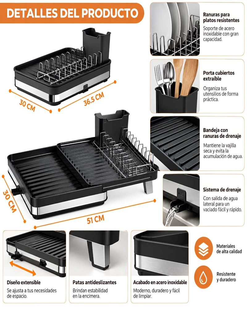 SECAPLATOS / ESCURRIDOR DE LOZA EXTENSIBLE CON DRENAJE NEGRO Y CROMO - 5