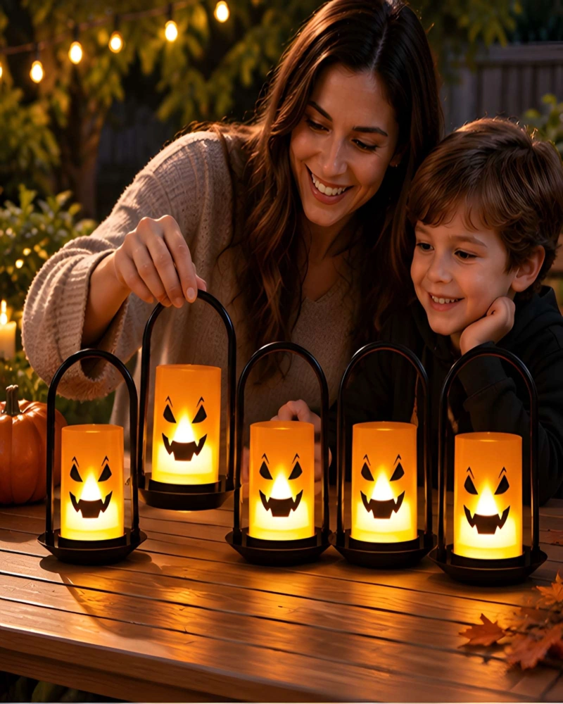 SET DE 6 LAMPARAS LED DE HALLOWEEN CON DISEÑO DE CALABAZA Y ASA METALICA - 1
