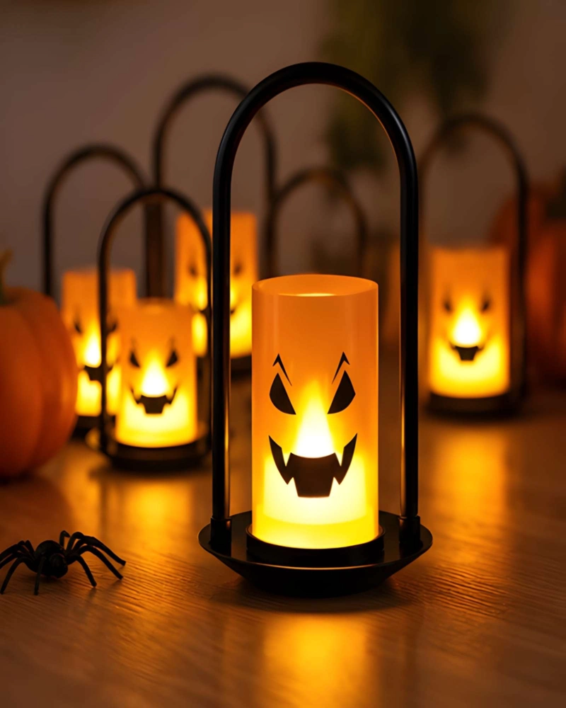 SET DE 6 LAMPARAS LED DE HALLOWEEN CON DISEÑO DE CALABAZA Y ASA METALICA - 3