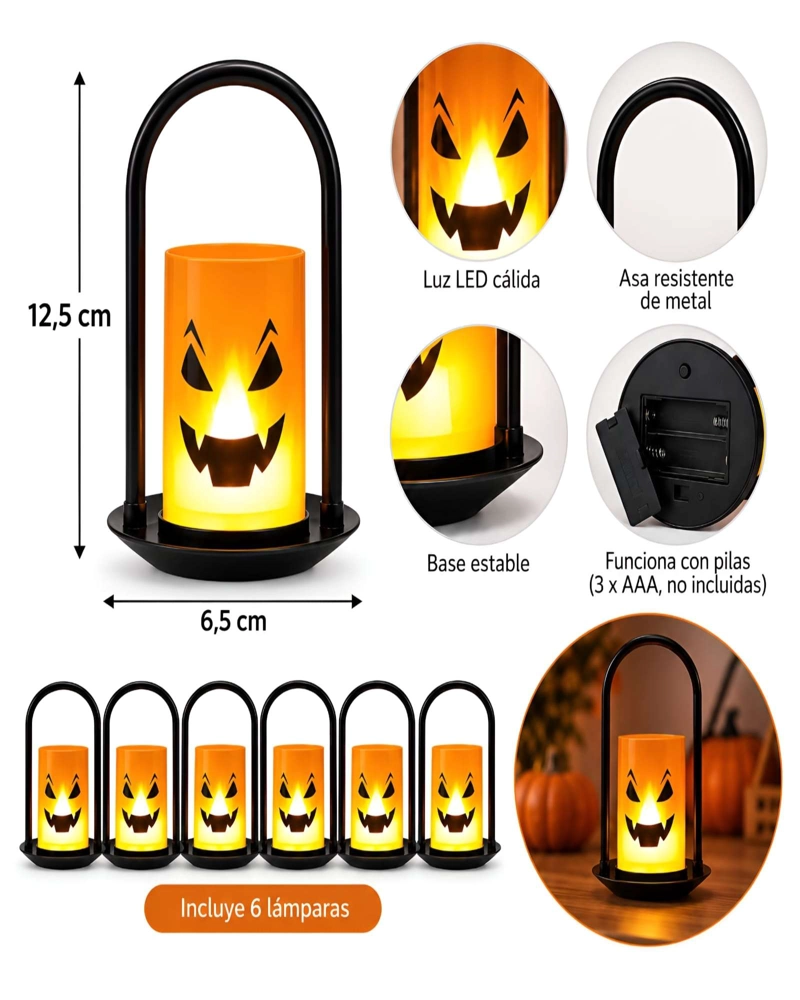 SET DE 6 LAMPARAS LED DE HALLOWEEN CON DISEÑO DE CALABAZA Y ASA METALICA - 6